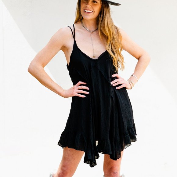 Black Flowy Layered Mini Dress Asymmetrical Hem Double Cross Back Straps Small - Picture 5 of 12